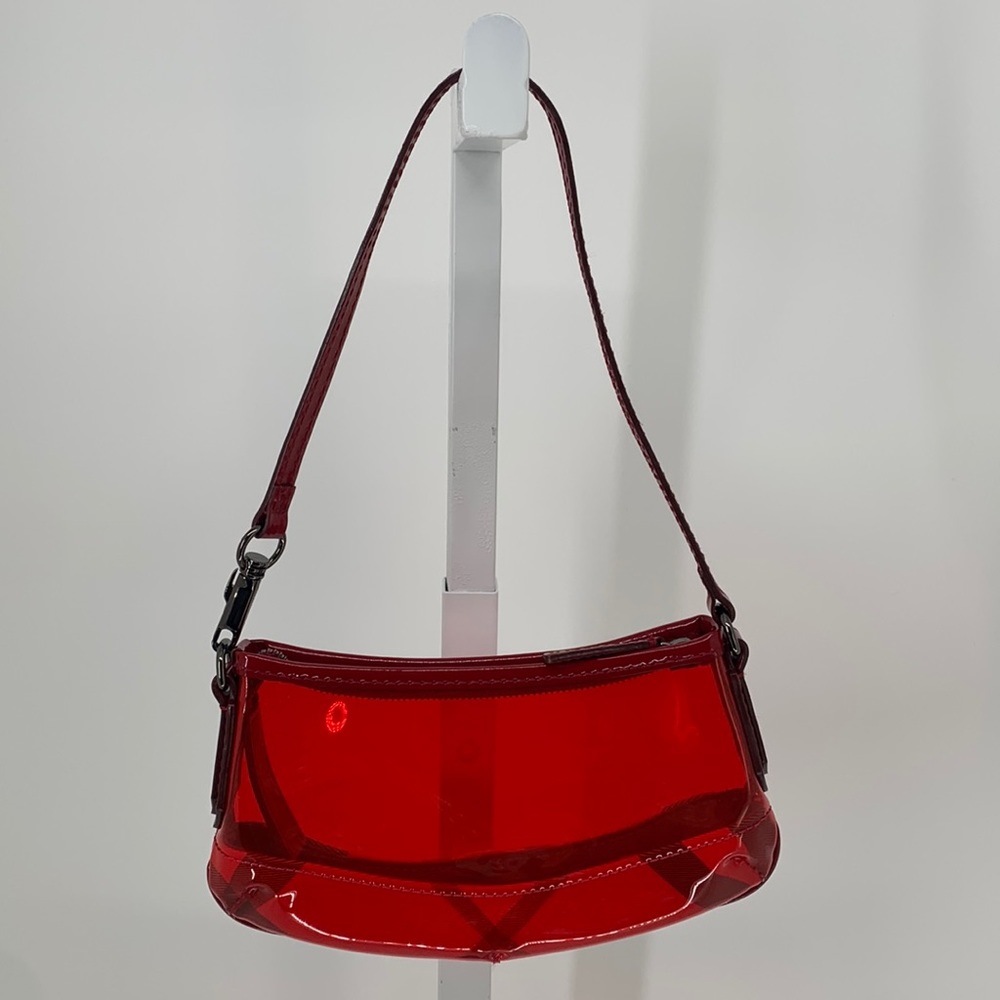 Burberry•Red Clear Vinyl Nova Check Shoulder Bag/Baguette w/Patent Leather Trim